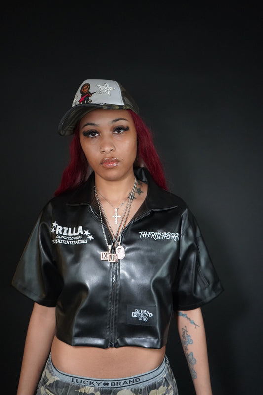 Cropped Black Leather Zip